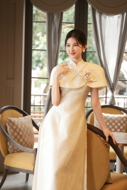 Sixdo Dark Cream Brocade Ao Dai With Flower
